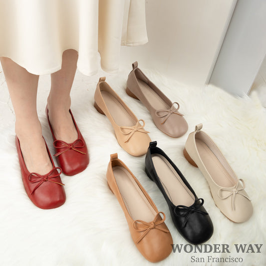 Women Handmade Ballet Shoes | Vintage Soft Thick Heel Round Toe Leather Flat Shoes | Leather Ballet Shoes | Comfortable Women Flats