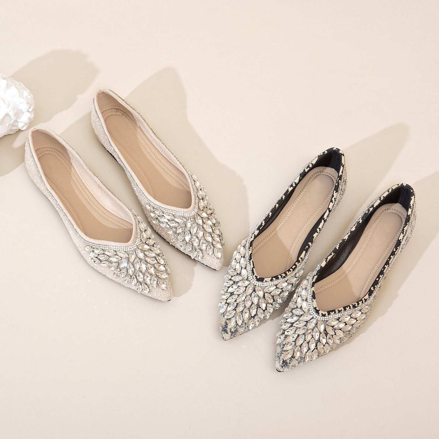 Women Pointed Toe Shoes with Crystals | Handmade Crystal Slip-ons | Comfort Barefoot Flats | Shinny Wedding Shoes | Bridal Bridesmaid Shoes