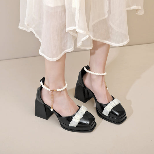Black Pearl Satin block heel | Women Vintage Heeled Sandals | Pointed Toe Block Heel Shoes | Bridal Shoes | Pearl High Heel Wedding Shoes