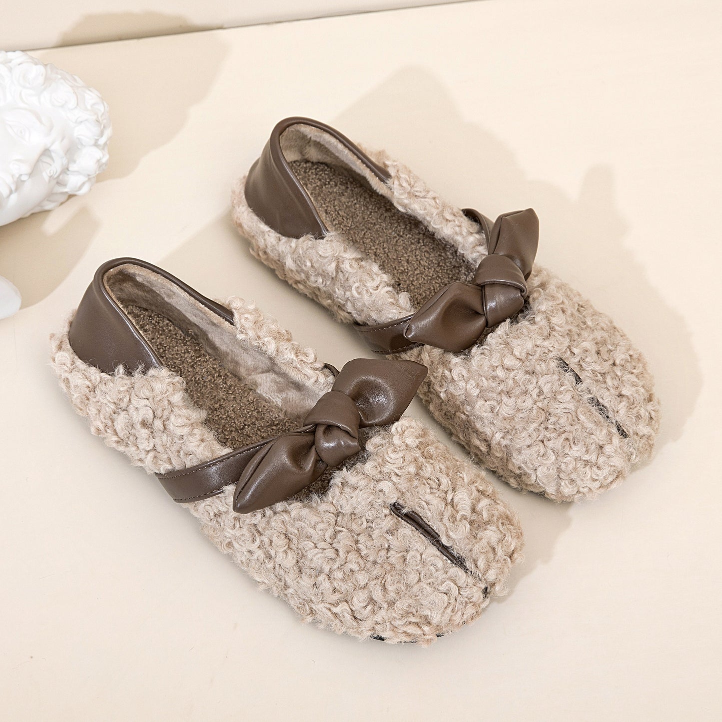 Women Fur Tabi Split-Toe  Flats | Split Toe Mule Slippers | Tabi Flats Shoes | Women Fur Shoes  | Women Bow Cute Shoes | Fluffy Winter Shoes