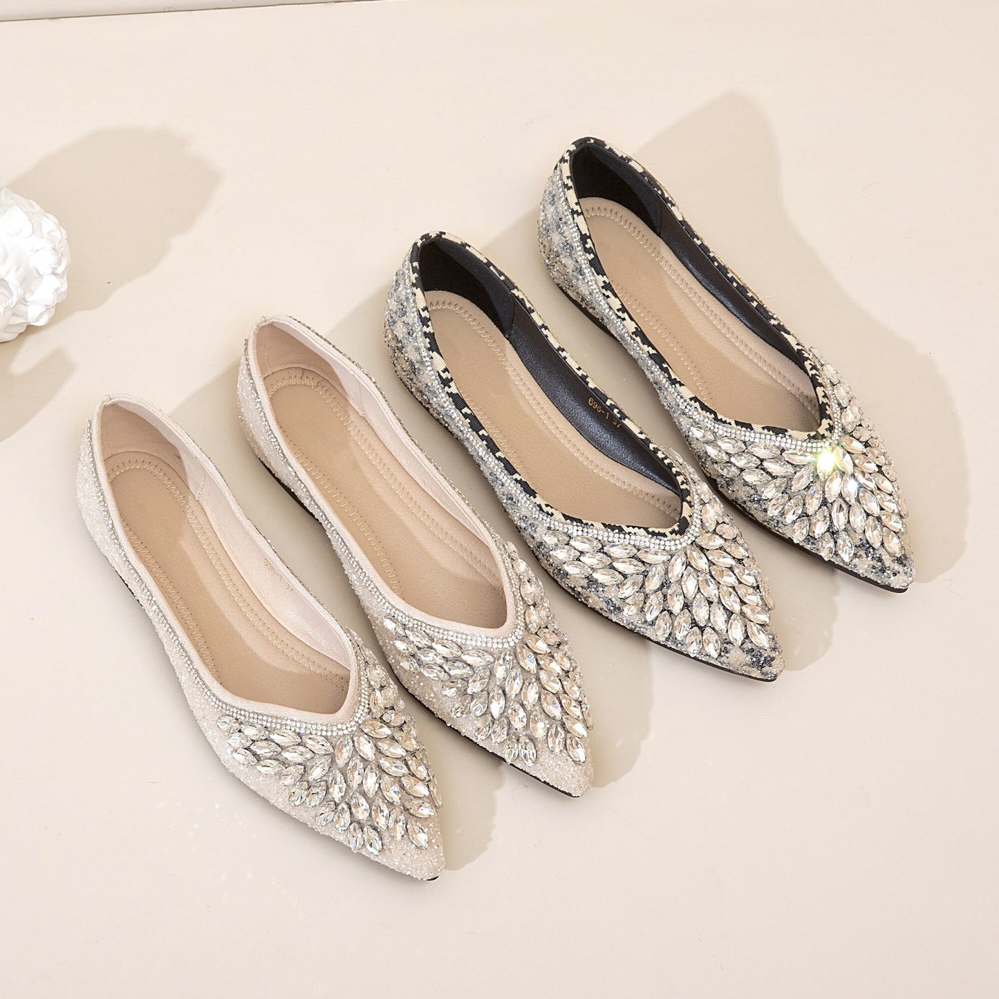 Women Pointed Toe Shoes with Crystals | Handmade Crystal Slip-ons | Comfort Barefoot Flats | Shinny Wedding Shoes | Bridal Bridesmaid Shoes