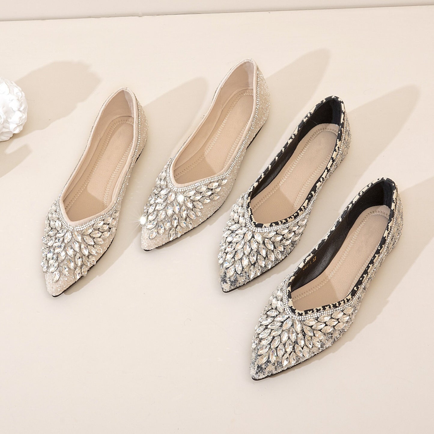 Women Pointed Toe Shoes with Crystals | Handmade Crystal Slip-ons | Comfort Barefoot Flats | Shinny Wedding Shoes | Bridal Bridesmaid Shoes